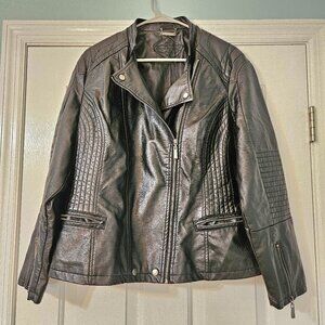 JouJou Women Faux Leather Moto Jacket Sz XL Zip Cropped Vegan Biker Black READ